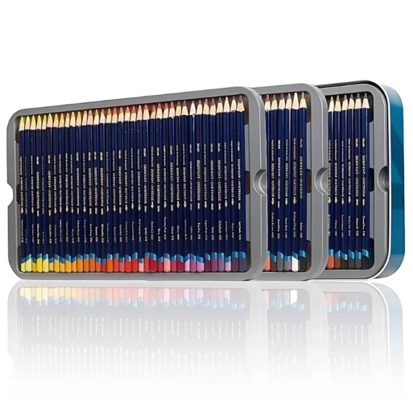 A single Set of 100 Derwent Inktense Pencils is shown, open, in the center of the frame horizontally. You can see the 3 trays of pencils that make up the set. The pencils have a blue barrel and a colour dipped end that indicates the colour of the pencil lead. There are 100 pencils. There is a reflection of the set underneath. On a white background.