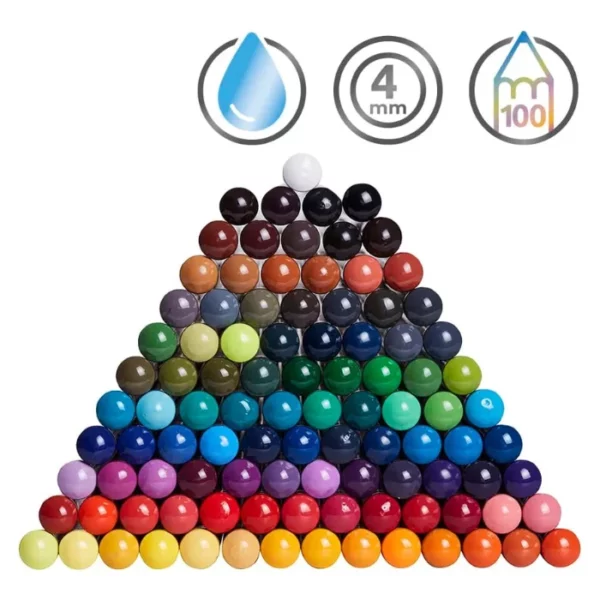 There is a pile of loose pencils from the Set of 100 Derwent Inktense Pencils shown in the center of the frame. Only the back, dipped end of the pencils can be seen in a pyramid formation. There are 100 pencils. Each dipped end shows the different colour of the pencil lead. There are 3 circles in the top right hand corner of the frame that indicate the pencils are water reactive, their lead size of 4mm and the number of colours in the range. On a white background.