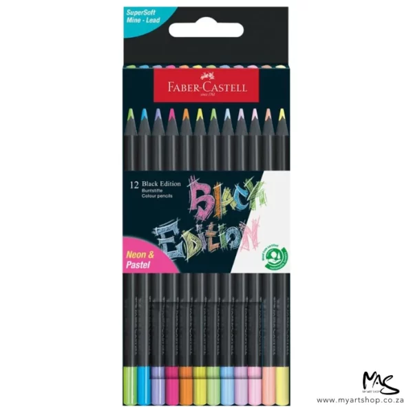 The front of a Set of 12 Faber Castell BLACK Edition Neon and Pastel Colour Pencils is shown vertically in the center of the frame. The box is black and there is a picture of the 12 different coloured pencils on the front of the box. The pencils have a black barrel and a coloured lead and the ends of the pencils are dipped in a colour to indicate the colour of the lead for easy identification. The image is center of the frame and on a white background.