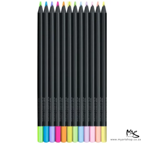 The loose pencils from the Set of 12 Faber Castell BLACK Edition Neon and Pastel Colour Pencils are shown standing vertically next to each other in the center of the frame. The pencils have a black barrel and a coloured lead and the ends of the pencils are dipped in a colour to indicate the colour of the lead for easy identification. On a white background.