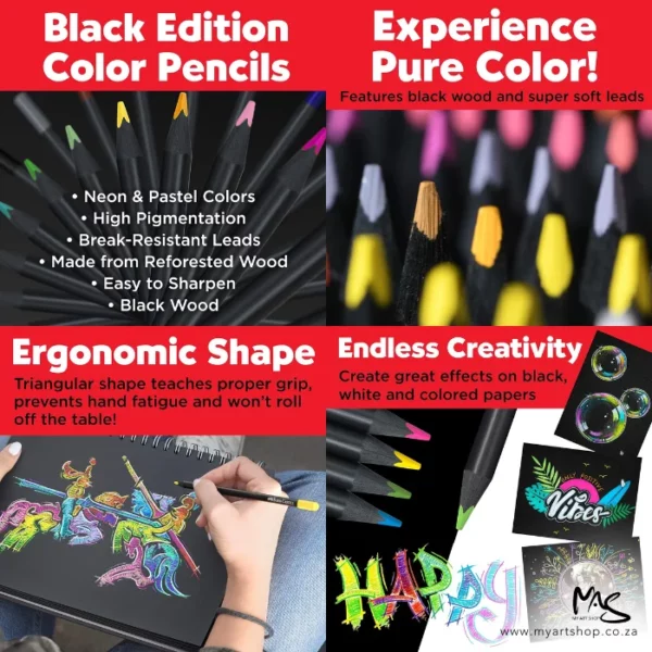 A promotional image for Faber Castell BLACK Edition Neon and Pastel Colour Pencils. The frame is cut into 4 segments each with a red banner and black text and an image underneath that describes a particular function of the pencils.