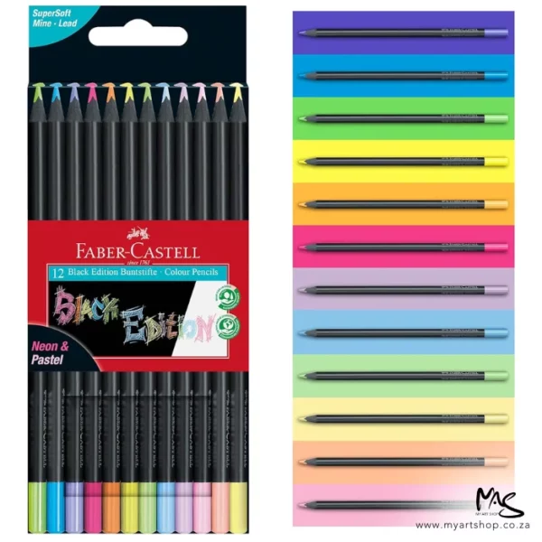 A Set of 12 Faber Castell BLACK Edition Neon and Pastel Colour Pencils is shown vertically along the left hand side of the frame. To the right are 12 horizontal colour blocks. Each colour block has a picture of a black barreled pencil with a dipped colour end and a coloured lead. The dipped end identifies the colour of the pencil.