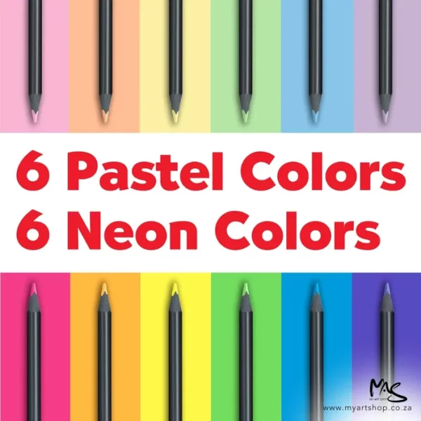 A promotional image for the Set of 12 Faber Castell BLACK Edition Neon and Pastel Colour Pencils. The top half of the frame is split into 6 colour rectangles and there is a pencil in each rectangle, and the same at the bottom half of the frame. The pencils have a black barrel and a coloured lead. There is text in the center of the frame on a white background.