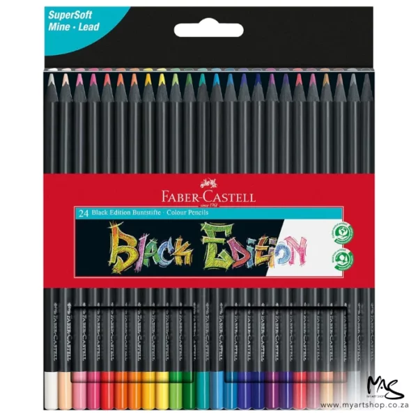 The front of a Set of 24 Faber Castell BLACK Edition Colour Pencils is shown vertically in the center of the frame. The box is black and there is a picture of the 24 different coloured pencils on the front of the box. The pencils have a black barrel and a coloured lead and the ends of the pencils are dipped in a colour to indicate the colour of the lead for easy identification. The image is center of the frame and on a white background.