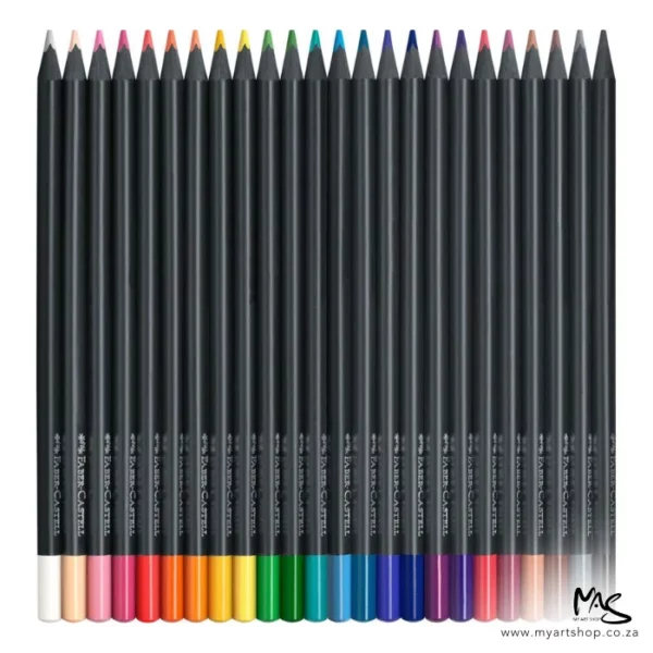 The loose pencils from the Set of 24 Faber Castell BLACK Edition Neon and Pastel Colour Pencils are shown standing vertically next to each other in the center of the frame. The pencils have a black barrel and a coloured lead and the ends of the pencils are dipped in a colour to indicate the colour of the lead for easy identification. On a white background.