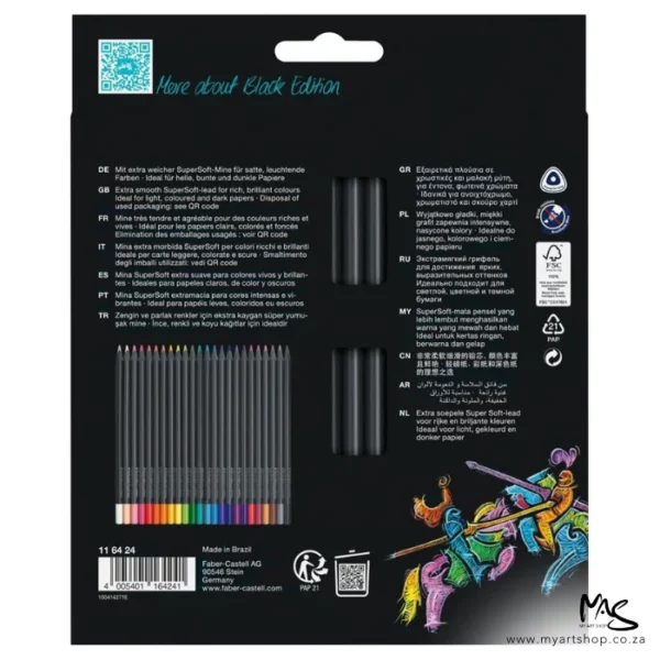 The back of a Set of 24 Faber Castell BLACK Edition Colour Pencils is shown vertically in the center of the frame. The box is black with white text. The image is center of the frame and on a white background.