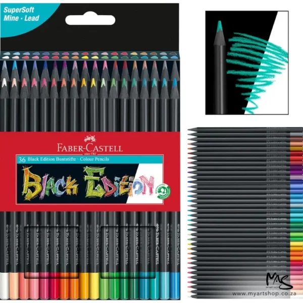 The front of a Set of 36 Faber Castell BLACK Edition Colour Pencils is shown vertically along the left hand side of the frame. The box is black and there is a picture of the 24 different coloured pencils on the front of the box. The pencils have a black barrel and a coloured lead and the ends of the pencils are dipped in a colour to indicate the colour of the lead for easy identification. The loose pencils are shown laying horizontally to the right of the set with a single block at the top with a piece of black paper and a single pencil that has drawn on the paper. The image is center of the frame and on a white background.