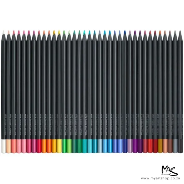 The loose pencils from the Set of 36 Faber Castell BLACK Edition Neon and Pastel Colour Pencils are shown standing vertically next to each other in the center of the frame. The pencils have a black barrel and a coloured lead and the ends of the pencils are dipped in a colour to indicate the colour of the lead for easy identification. On a white background.