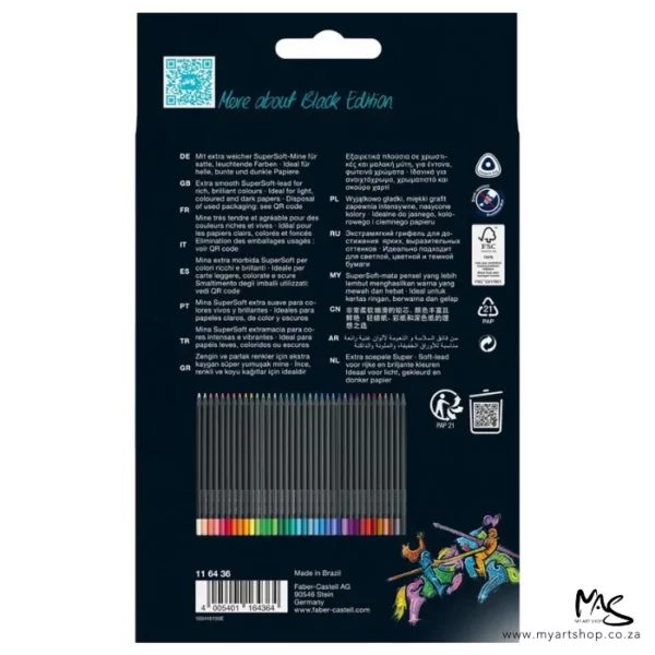 The back of a Set of 36 Faber Castell BLACK Edition Colour Pencils is shown vertically in the center of the frame. The box is black with white text. The image is center of the frame and on a white background.