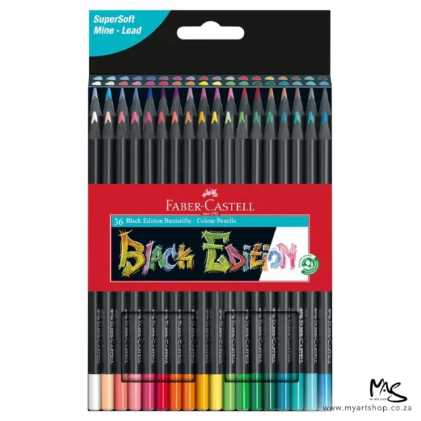 The front of a Set of 36 Faber Castell BLACK Edition Colour Pencils is shown vertically in the center of the frame. The box is black and there is a picture of the 24 different coloured pencils on the front of the box. The pencils have a black barrel and a coloured lead and the ends of the pencils are dipped in a colour to indicate the colour of the lead for easy identification. The image is center of the frame and on a white background.