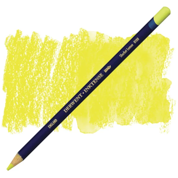 A single Sherbet Lemon Derwent Inktense Colour Pencil is shown diagonally across the center of the frame. The pencil is pointing with it's lead facing towards the bottom left hand corner. The barrel of the pencil is blue and the end of the pencil is colour dipped to match the colour of the lead for easy identification. There is text down the barrel of the pencil with the colour name and brand name. There is a colour swatch of the pencil in the background, that runs horizontally across the center of the frame. The image is center of the frame and on a white background.