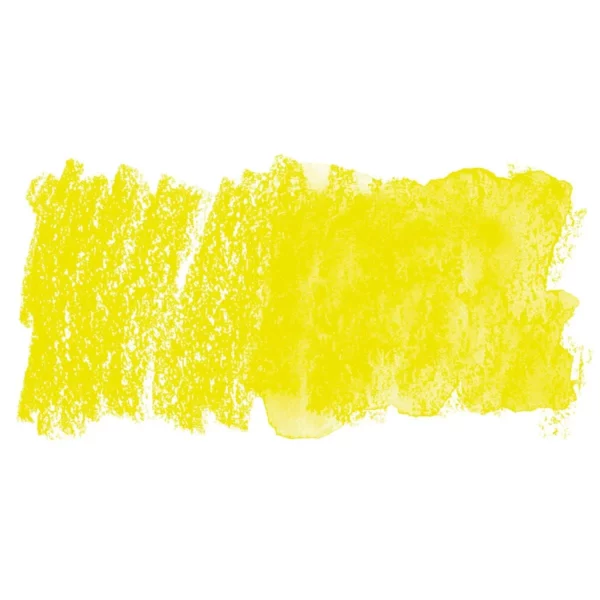 A swatch of a Sherbet Lemon Derwent Inktense Colour Pencil can be seen horizontally, across the center of the frame. On a white background.