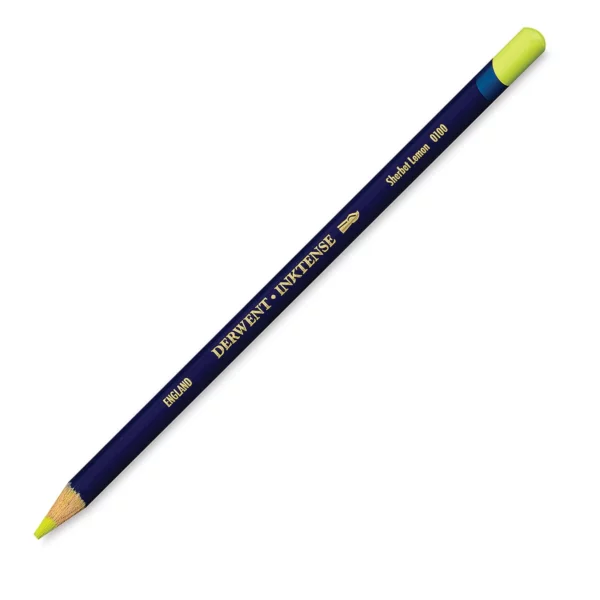 A single Sherbet Lemon Derwent Inktense Colour Pencil is shown diagonally across the center of the frame. The pencil is pointing with it's lead facing towards the bottom left hand corner. The barrel of the pencil is blue and the end of the pencil is colour dipped to match the colour of the lead for easy identification. There is text down the barrel of the pencil with the colour name and brand name. On a white background.