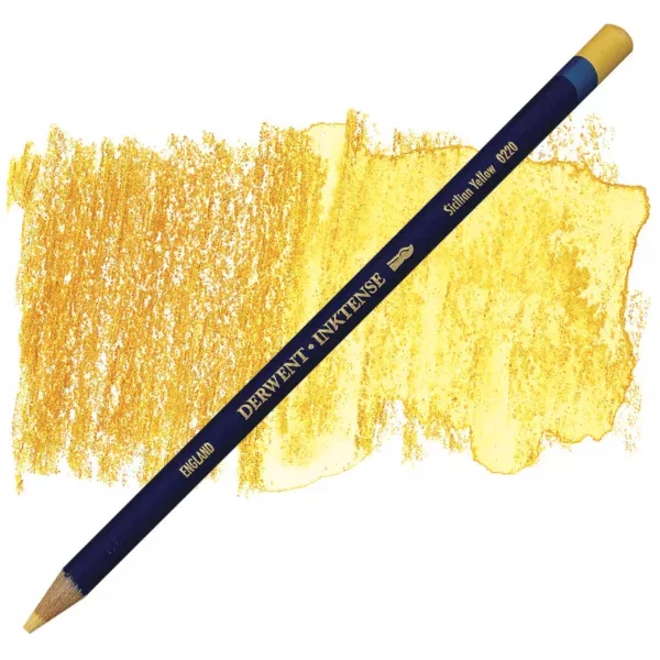 A single Sicilian Yellow Derwent Inktense Colour Pencil is shown diagonally across the center of the frame. The pencil is pointing with it's lead facing towards the bottom left hand corner. The barrel of the pencil is blue and the end of the pencil is colour dipped to match the colour of the lead for easy identification. There is text down the barrel of the pencil with the colour name and brand name. There is a colour swatch of the pencil in the background, that runs horizontally across the center of the frame. The image is center of the frame and on a white background.