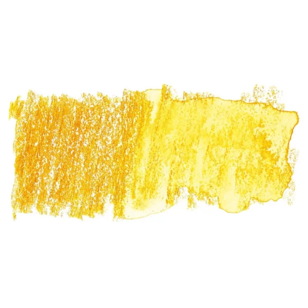 A swatch of a Sicilian Yellow Derwent Inktense Colour Pencil can be seen horizontally, across the center of the frame. On a white background.