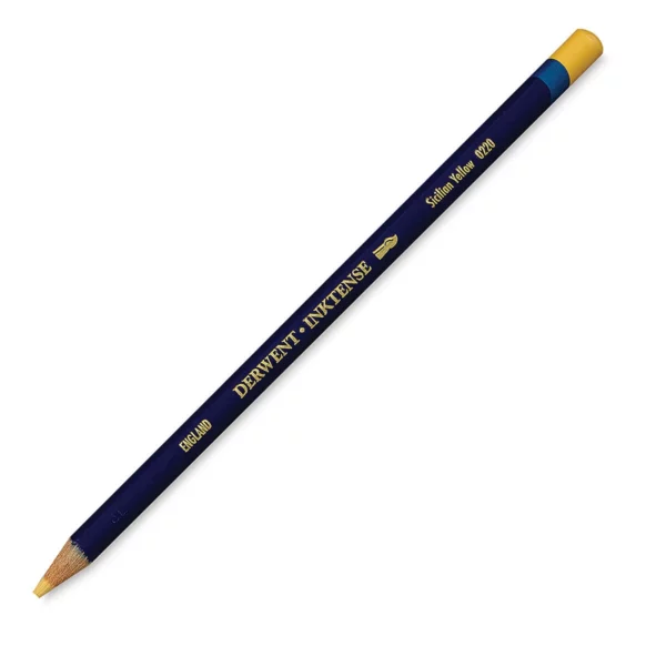 A single Sicilian Yellow Derwent Inktense Colour Pencil is shown diagonally across the center of the frame. The pencil is pointing with it's lead facing towards the bottom left hand corner. The barrel of the pencil is blue and the end of the pencil is colour dipped to match the colour of the lead for easy identification. There is text down the barrel of the pencil with the colour name and brand name. On a white background.