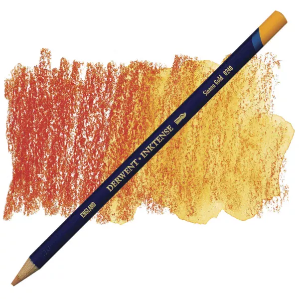 A single Sienna Gold Derwent Inktense Colour Pencil is shown diagonally across the center of the frame. The pencil is pointing with it's lead facing towards the bottom left hand corner. The barrel of the pencil is blue and the end of the pencil is colour dipped to match the colour of the lead for easy identification. There is text down the barrel of the pencil with the colour name and brand name. There is a colour swatch of the pencil in the background, that runs horizontally across the center of the frame. The image is center of the frame and on a white background.