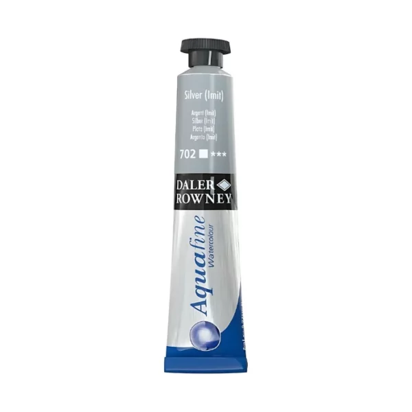 There is a single tube of Silver Imitation Daler Rowney Aquafine Watercolour standing vertically in the center of the frame. The tube is silver with a black screw on lid. The bottom of the tube has the blue Aquafine logo on it, then there is a black strip around the body of the tube with the Daler Rowney logo and above that is a colour strip which indicates the colour of the paint inside and has the colour details printed on it. The image is center of the frame and on a white background.