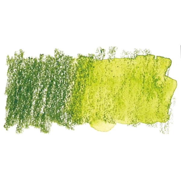 A swatch of a Spring Green Derwent Inktense Colour Pencil can be seen horizontally, across the center of the frame. On a white background.