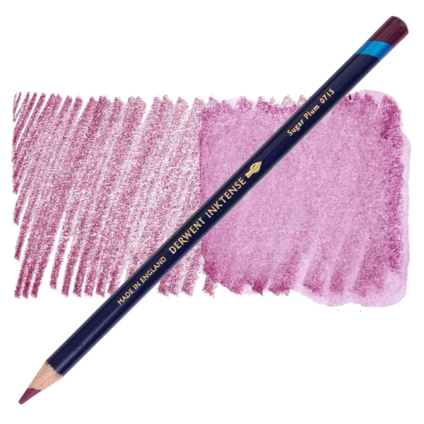 A single Sugar Plum Derwent Inktense Colour Pencil is shown diagonally across the center of the frame. The pencil is pointing with it's lead facing towards the bottom left hand corner. The barrel of the pencil is blue and the end of the pencil is colour dipped to match the colour of the lead for easy identification. There is text down the barrel of the pencil with the colour name and brand name. There is a colour swatch of the pencil in the background, that runs horizontally across the center of the frame. The image is center of the frame and on a white background.