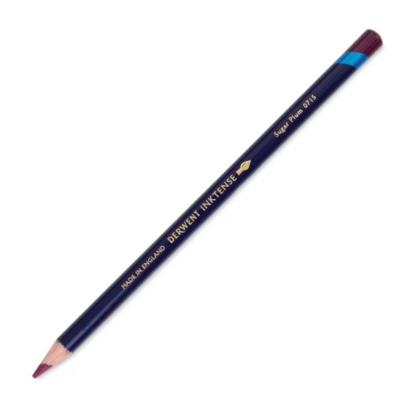 A single Sugar Plum Derwent Inktense Colour Pencil is shown diagonally across the center of the frame. The pencil is pointing with it's lead facing towards the bottom left hand corner. The barrel of the pencil is blue and the end of the pencil is colour dipped to match the colour of the lead for easy identification. There is text down the barrel of the pencil with the colour name and brand name. On a white background.