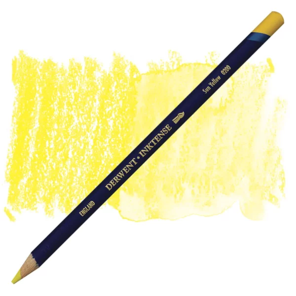A single Sun Yellow Derwent Inktense Colour Pencil is shown diagonally across the center of the frame. The pencil is pointing with it's lead facing towards the bottom left hand corner. The barrel of the pencil is blue and the end of the pencil is colour dipped to match the colour of the lead for easy identification. There is text down the barrel of the pencil with the colour name and brand name. There is a colour swatch of the pencil in the background, that runs horizontally across the center of the frame. The image is center of the frame and on a white background.
