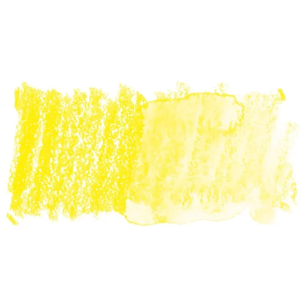 A swatch of a Sun Yellow Derwent Inktense Colour Pencil can be seen horizontally, across the center of the frame. On a white background.