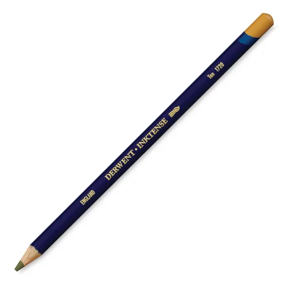 A single Tan Derwent Inktense Colour Pencil is shown diagonally across the center of the frame. The pencil is pointing with it's lead facing towards the bottom left hand corner. The barrel of the pencil is blue and the end of the pencil is colour dipped to match the colour of the lead for easy identification. There is text down the barrel of the pencil with the colour name and brand name. On a white background.