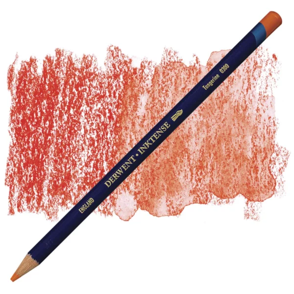 A single Tangerine Derwent Inktense Colour Pencil is shown diagonally across the center of the frame. The pencil is pointing with it's lead facing towards the bottom left hand corner. The barrel of the pencil is blue and the end of the pencil is colour dipped to match the colour of the lead for easy identification. There is text down the barrel of the pencil with the colour name and brand name. There is a colour swatch of the pencil in the background, that runs horizontally across the center of the frame. The image is center of the frame and on a white background.