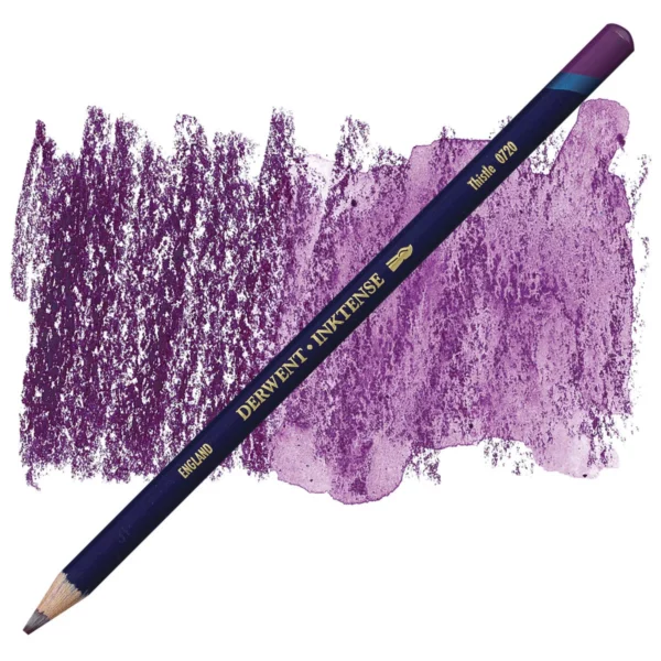 A single Thistle Derwent Inktense Colour Pencil is shown diagonally across the center of the frame. The pencil is pointing with it's lead facing towards the bottom left hand corner. The barrel of the pencil is blue and the end of the pencil is colour dipped to match the colour of the lead for easy identification. There is text down the barrel of the pencil with the colour name and brand name. There is a colour swatch of the pencil in the background, that runs horizontally across the center of the frame. The image is center of the frame and on a white background.