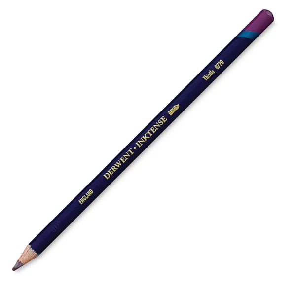 A single Thistle Derwent Inktense Colour Pencil is shown diagonally across the center of the frame. The pencil is pointing with it's lead facing towards the bottom left hand corner. The barrel of the pencil is blue and the end of the pencil is colour dipped to match the colour of the lead for easy identification. There is text down the barrel of the pencil with the colour name and brand name. On a white background.