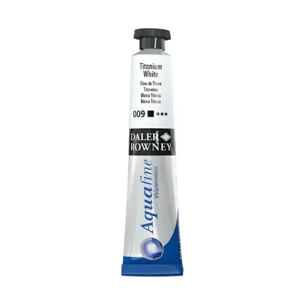 There is a single tube of Titanium White Daler Rowney Aquafine Watercolour standing vertically in the center of the frame. The tube is silver with a black screw on lid. The bottom of the tube has the blue Aquafine logo on it, then there is a black strip around the body of the tube with the Daler Rowney logo and above that is a colour strip which indicates the colour of the paint inside and has the colour details printed on it. The image is center of the frame and on a white background.