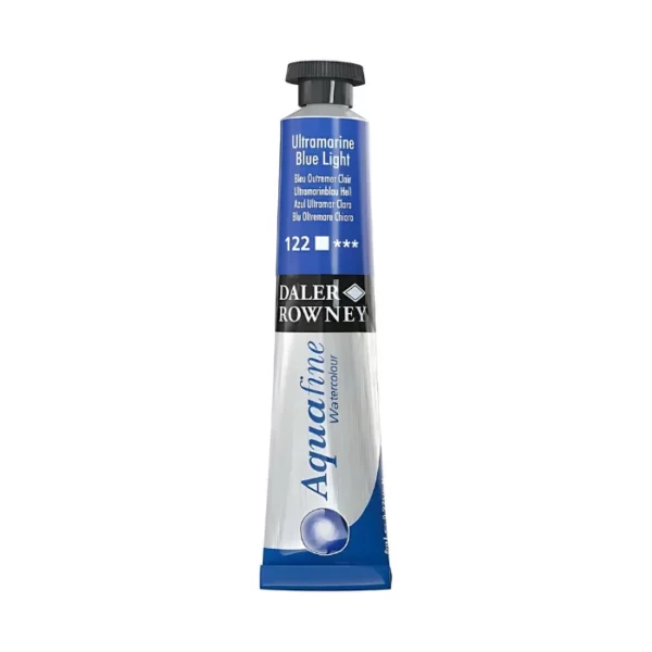 There is a single tube of Ultramarine Blue Light Daler Rowney Aquafine Watercolour standing vertically in the center of the frame. The tube is silver with a black screw on lid. The bottom of the tube has the blue Aquafine logo on it, then there is a black strip around the body of the tube with the Daler Rowney logo and above that is a colour strip which indicates the colour of the paint inside and has the colour details printed on it. The image is center of the frame and on a white background.