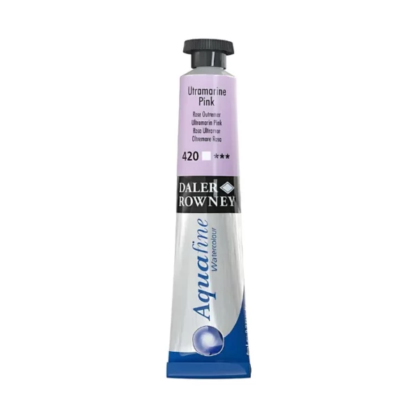 There is a single tube of Ultramarine Pink Daler Rowney Aquafine Watercolour standing vertically in the center of the frame. The tube is silver with a black screw on lid. The bottom of the tube has the blue Aquafine logo on it, then there is a black strip around the body of the tube with the Daler Rowney logo and above that is a colour strip which indicates the colour of the paint inside and has the colour details printed on it. The image is center of the frame and on a white background.