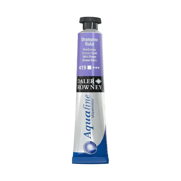 There is a single tube of Ultramarine Violet Daler Rowney Aquafine Watercolour standing vertically in the center of the frame. The tube is silver with a black screw on lid. The bottom of the tube has the blue Aquafine logo on it, then there is a black strip around the body of the tube with the Daler Rowney logo and above that is a colour strip which indicates the colour of the paint inside and has the colour details printed on it. The image is center of the frame and on a white background.