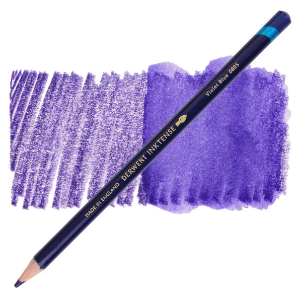 A single Violet Blue Derwent Inktense Colour Pencil is shown diagonally across the center of the frame. The pencil is pointing with it's lead facing towards the bottom left hand corner. The barrel of the pencil is blue and the end of the pencil is colour dipped to match the colour of the lead for easy identification. There is text down the barrel of the pencil with the colour name and brand name. There is a colour swatch of the pencil in the background, that runs horizontally across the center of the frame. The image is center of the frame and on a white background.