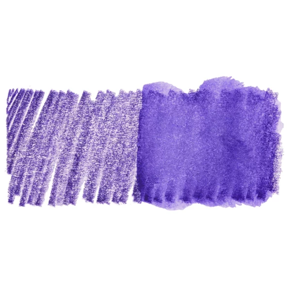 A swatch of a Violet Blue Derwent Inktense Colour Pencil can be seen horizontally, across the center of the frame. On a white background.