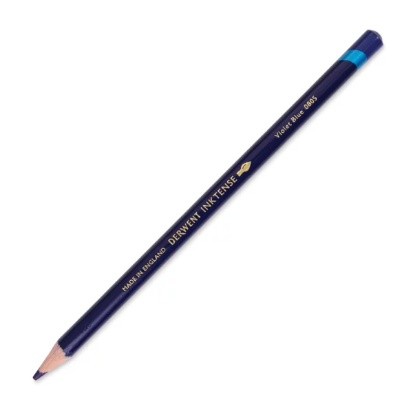 A single Violet Blue Derwent Inktense Colour Pencil is shown diagonally across the center of the frame. The pencil is pointing with it's lead facing towards the bottom left hand corner. The barrel of the pencil is blue and the end of the pencil is colour dipped to match the colour of the lead for easy identification. There is text down the barrel of the pencil with the colour name and brand name. On a white background.