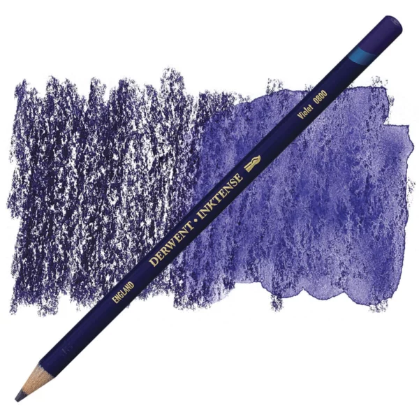 A single Violet Derwent Inktense Colour Pencil is shown diagonally across the center of the frame. The pencil is pointing with it's lead facing towards the bottom left hand corner. The barrel of the pencil is blue and the end of the pencil is colour dipped to match the colour of the lead for easy identification. There is text down the barrel of the pencil with the colour name and brand name. There is a colour swatch of the pencil in the background, that runs horizontally across the center of the frame. The image is center of the frame and on a white background.