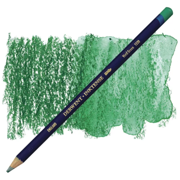 A single Vivid Green Derwent Inktense Colour Pencil is shown diagonally across the center of the frame. The pencil is pointing with it's lead facing towards the bottom left hand corner. The barrel of the pencil is blue and the end of the pencil is colour dipped to match the colour of the lead for easy identification. There is text down the barrel of the pencil with the colour name and brand name. There is a colour swatch of the pencil in the background, that runs horizontally across the center of the frame. The image is center of the frame and on a white background.