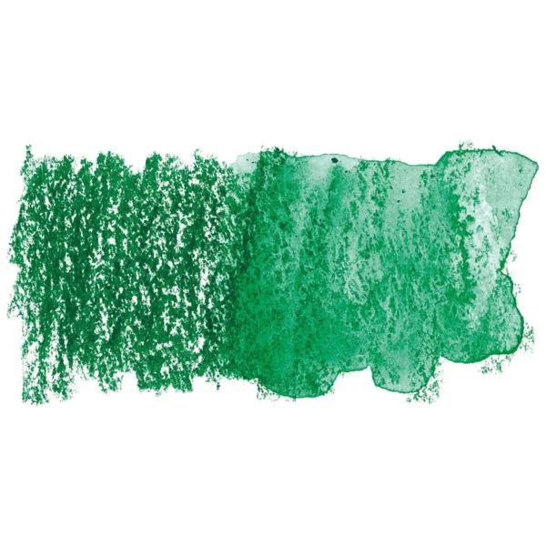 A swatch of a Vivid Green Derwent Inktense Colour Pencil can be seen horizontally, across the center of the frame. On a white background.