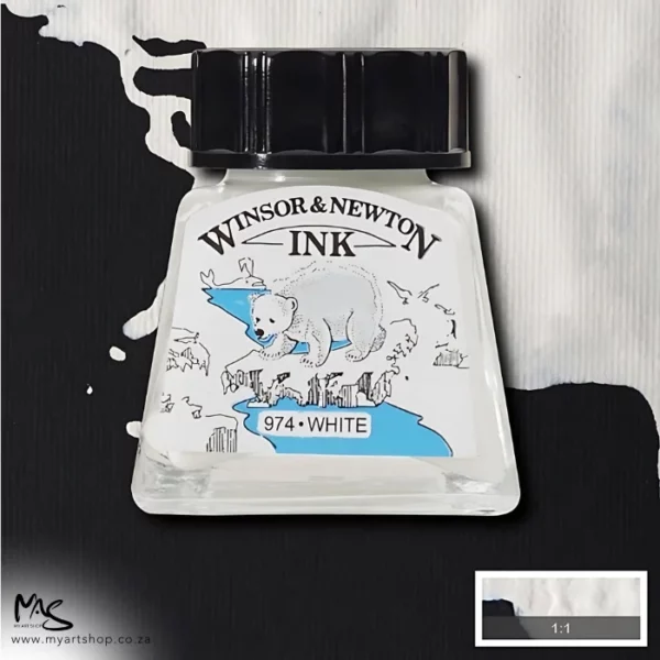 A single bottle of White Winsor & Newton Drawing Ink can be seen in the center of the frame, with ink in the background, in the top right hand corner of the frame, flowing into the frame. The ink is the colour of the ink inside the bottle. The bottle is a clear glass bottle and so you can see the colour of the ink inside. There is a black, plastic screw on lid and a label stuck to the front of the bottle with the brand name and logo on it. There is a small rectangular colour block with a sample of the ink colour in a 1:1 ratio, in the bottom right hand corner of the frame.