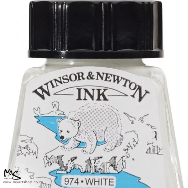 A close up of a single bottle of White Winsor & Newton Drawing Ink. The bottom of the bottle is cut off by the frame. The bottle is clear glass so you can see the colour of the ink inside, with a black screw on plastic lid. There is a label on the front of the bottle with the brand logo.