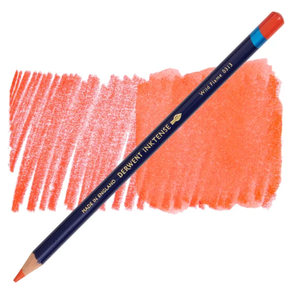 A single Wild Flame Derwent Inktense Colour Pencil is shown diagonally across the center of the frame. The pencil is pointing with it's lead facing towards the bottom left hand corner. The barrel of the pencil is blue and the end of the pencil is colour dipped to match the colour of the lead for easy identification. There is text down the barrel of the pencil with the colour name and brand name. There is a colour swatch of the pencil in the background, that runs horizontally across the center of the frame. The image is center of the frame and on a white background.