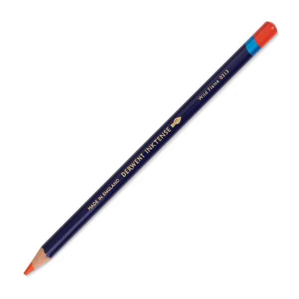 A single Wild Flame Derwent Inktense Colour Pencil is shown diagonally across the center of the frame. The pencil is pointing with it's lead facing towards the bottom left hand corner. The barrel of the pencil is blue and the end of the pencil is colour dipped to match the colour of the lead for easy identification. There is text down the barrel of the pencil with the colour name and brand name. On a white background.