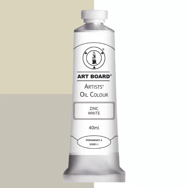 A tube of Zinc White Artboard Oil Paint 40ml is shown standing vertically in the center of the frame. The tube is silver and has a label around the body of the tube. Parts of the label are coloured, to denote the colour of the paint inside the tube. The artboard logo and name are printed at the top of the label and the colour and product details are printed below. The tube has a white plastic, screw on lid. Different shades of the paint colour are shown in the background in blocks, behind the tube.