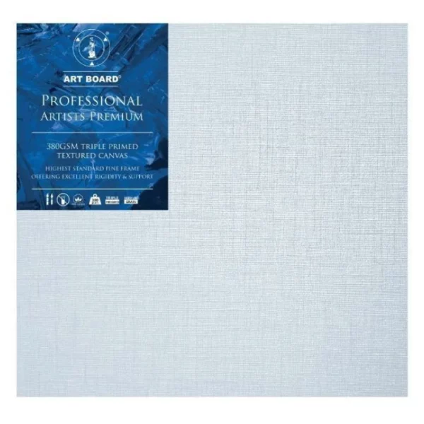 A single 10" x 10" Artboard Professional Stretched Canvas is shown in the center of the frame. The canvas is medium grained, white, triple primes canvas and has a blue, branded label in the top left hand corner of the canvas. The label has the Artboard logo and product details printed on it in white. It is suitable for Oils and Acrylics and has the highest standard pine frame, offering excellent rigidity and support. On a white background.