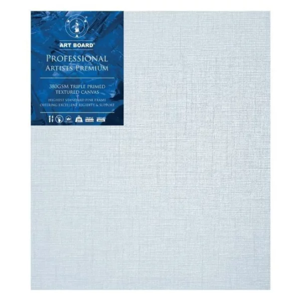 A single 10" x 12" Artboard Professional Stretched Canvas is shown in the center of the frame. The canvas is medium grained, white, triple primes canvas and has a blue, branded label in the top left hand corner of the canvas. The label has the Artboard logo and product details printed on it in white. It is suitable for Oils and Acrylics and has the highest standard pine frame, offering excellent rigidity and support. On a white background.