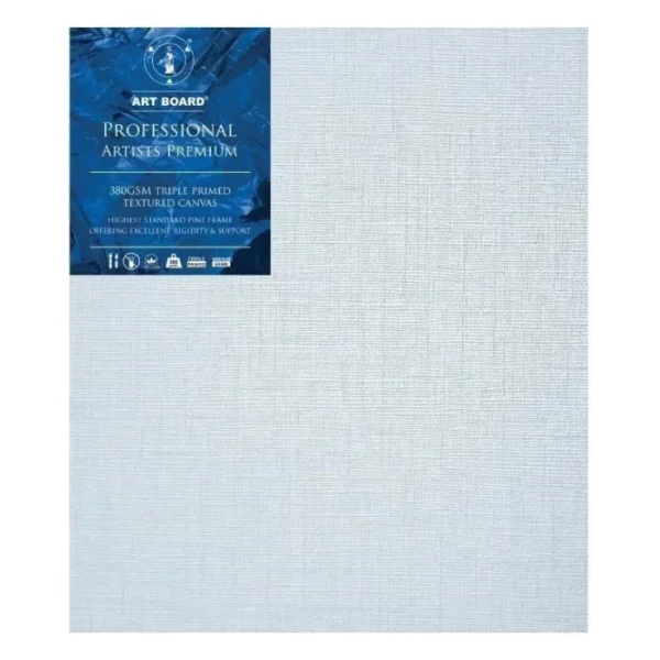 A single 10" x 14" Artboard Professional Stretched Canvas is shown in the center of the frame. The canvas is medium grained, white, triple primes canvas and has a blue, branded label in the top left hand corner of the canvas. The label has the Artboard logo and product details printed on it in white. It is suitable for Oils and Acrylics and has the highest standard pine frame, offering excellent rigidity and support. On a white background.