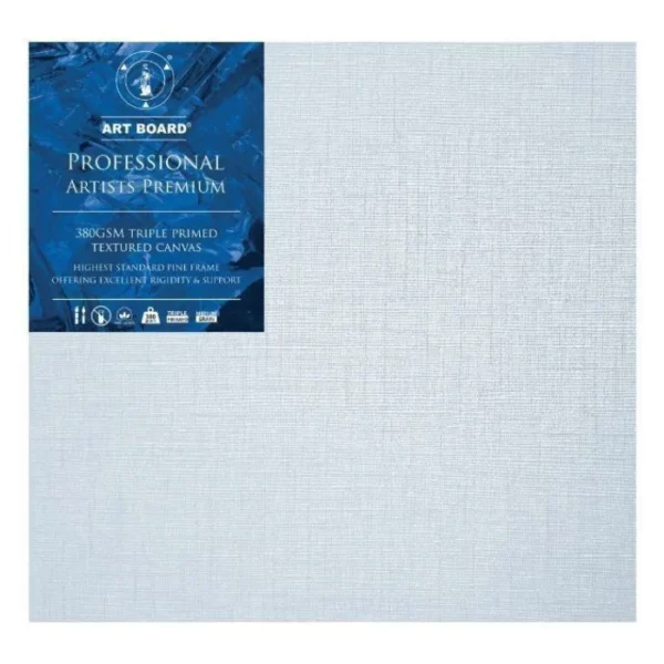 A single 10" x 20" Artboard Professional Stretched Canvas is shown in the center of the frame. The canvas is medium grained, white, triple primes canvas and has a blue, branded label in the top left hand corner of the canvas. The label has the Artboard logo and product details printed on it in white. It is suitable for Oils and Acrylics and has the highest standard pine frame, offering excellent rigidity and support. On a white background.